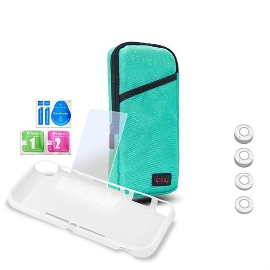 iplay Host Storage Bag Tempered Film + Rocker Cap + Protective Shell 7 in 1 Protection Bag Soft Bag Set For Switch Lite(Green Blue )