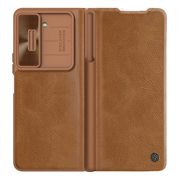 NILLKIN QIN Series Pro Sliding Camera Cover Design Leather Phone Case for Galaxy Z Fold 5 (Brown)