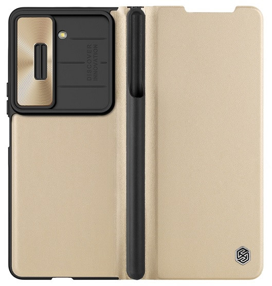 NILLKIN QIN Series Pro Sliding Camera Cover Design Leather Phone Case for Galaxy Z Fold 5 (Gold)